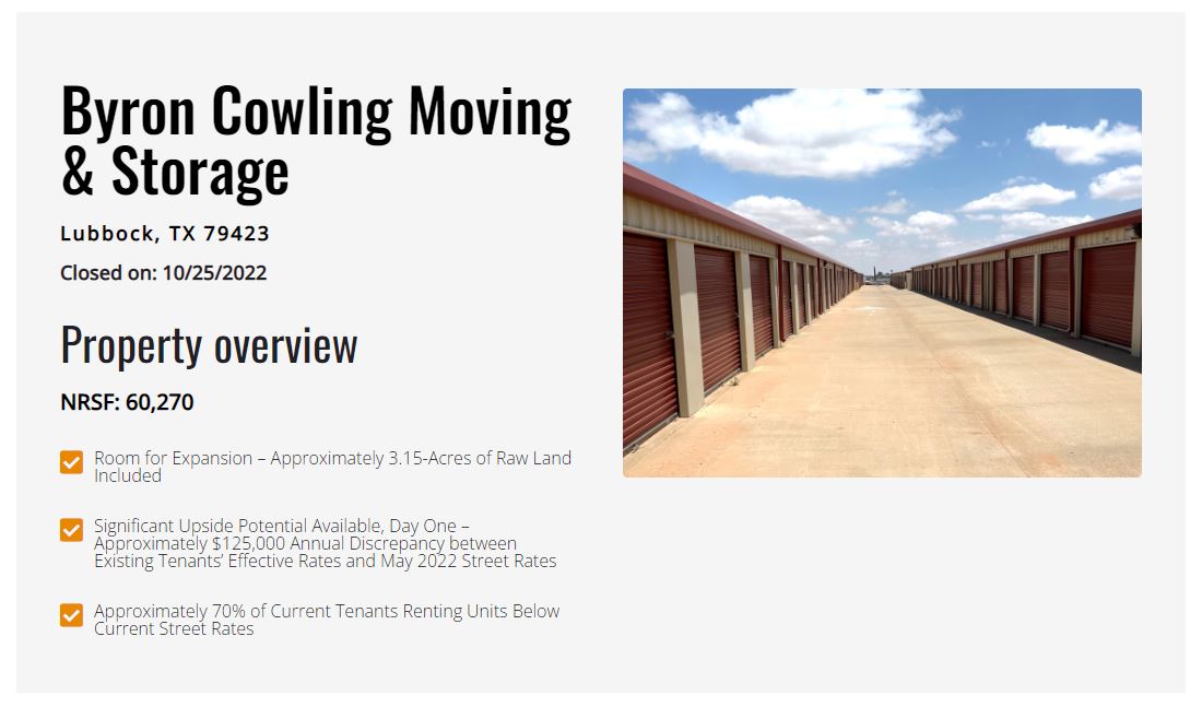 Byron Cowling Moving & Storage - Just Closed - Self Storage Transaction Completed by The Karr-Cunningham Storage Team